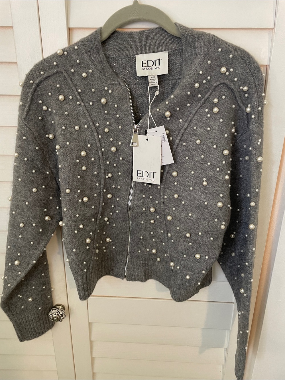 Jason Wu Gray Pearl-Embellished Zip Cardigan